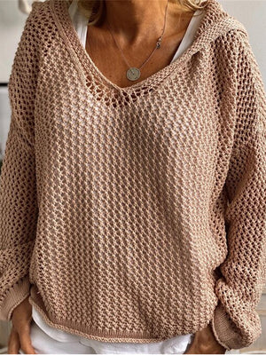 Tan open-knit slouchy hooded sweater with V-neck and long sleeves.