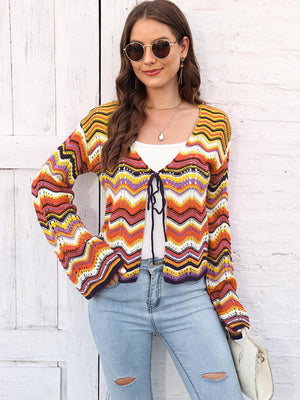 Chevron knit tie-front cardigan with multicolor zig-zag pattern and bell sleeves