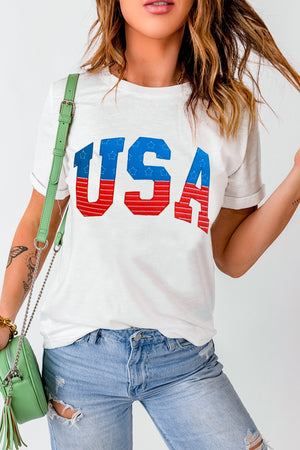 White USA appliqué t-shirt with rolled cuffs and stars and stripes detail.