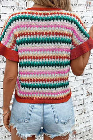Textured stripe knit sweater with contrast trim and short sleeves.