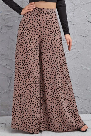Spotted wide-leg palazzo trousers in dusty pink with a black animal print.
