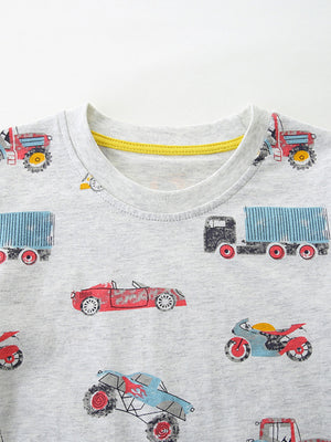 Toddler grey cotton t-shirt with a playful vehicle print, featuring trucks, cars, and motorcycles.
