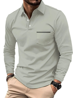 Long-sleeve gray polo shirt with chest pocket detail and black trim