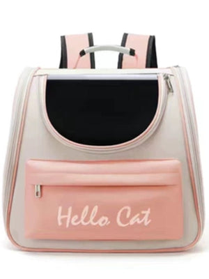 Pink and grey transparent pet carrier backpack with "Hello Cat" text and mesh window.