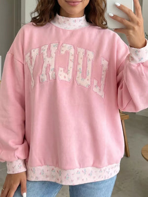 High Neck Floral Patch Embroidery Sweatshirt in Blush Pink, front view