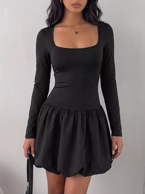 Square Neck Long Sleeve Bubble Hem Dress, model styling view