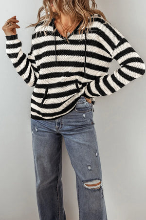 Black and white striped knit hoodie with pouch pocket and adjustable drawstring hood.