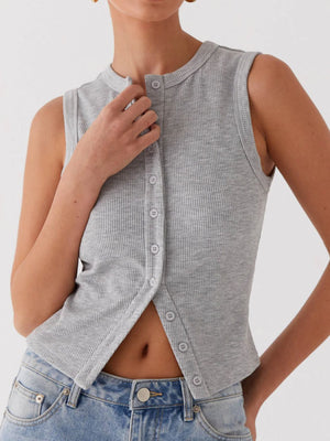 Gray ribbed knit button-down crop top with a round neckline and button details.