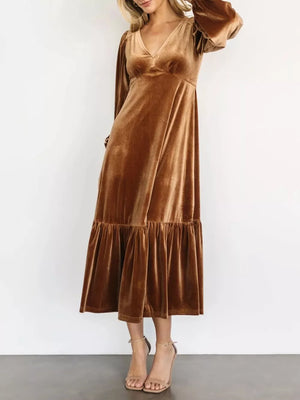 Gold velvet midi dress with tiered skirt and v-neck