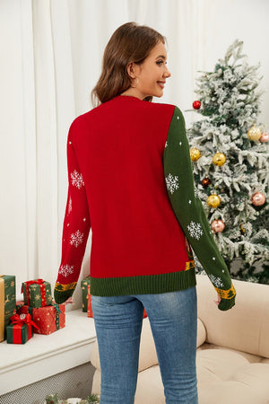 Festive Fair Isle button-down cardigan in red and green with snowflake pattern.