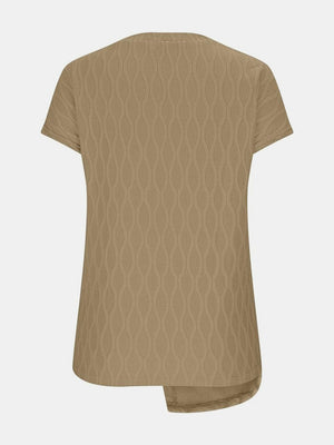 Camel textured tee with short sleeves and asymmetric hem detail.