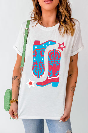 White graphic tee with red, white, and blue boot print and stars.