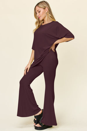 Deep Red oversized tee and flare leg set with crew neck and short sleeves.