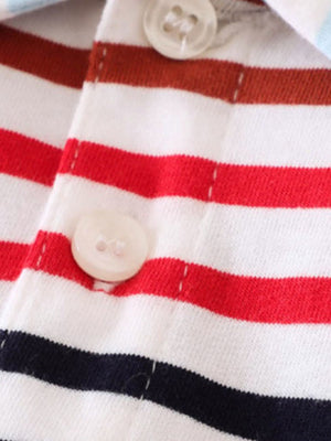 Striped polo shirt with red, brown, and navy stripes and button detail.