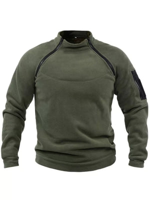 Men's army green fleece sweatshirt with mock neck and zippered pockets