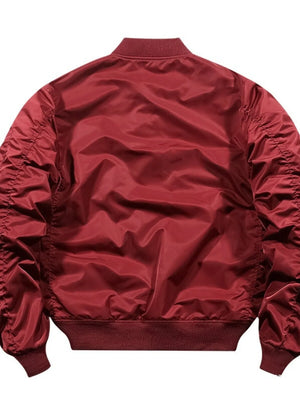 Men's red bomber jacket with zip-up front and ribbed cuffs and hem.