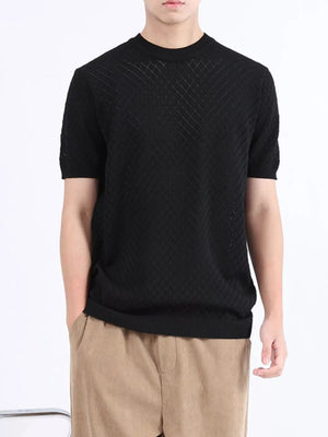 Men's black diamond knit short sleeve tee with crew neck.