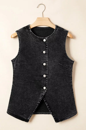 Black denim vest with button front and split hem detail