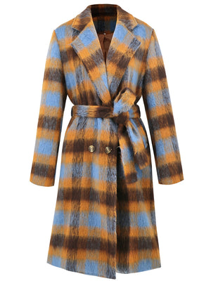 Belted bouclé overcoat with plaid pattern in brown, orange, and light blue, featuring a tie waist and double-breasted