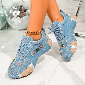 Rhinestone Round Toe Sneakers in Blue, fabric detail