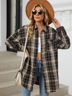 Oversized plaid shacket in coffee brown with button front and chest pockets.