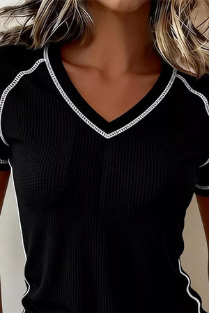 Black waffle knit v-neck tee with contrast white stitching detail