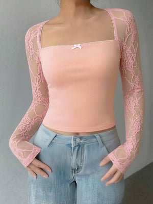 Blush lace sleeve square neck shirt with a small bow detail.
