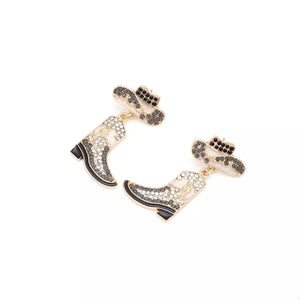 Cowboy boot dangle earrings with rhinestone details and matching hats.