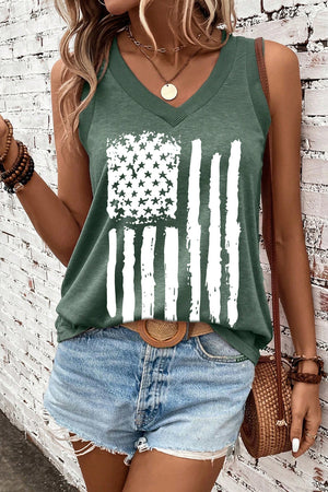 Distressed flag graphic v-neck tank top in Black Forest green.