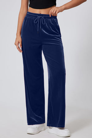 Navy velvet palazzo lounge trousers with drawstring waist and wide leg