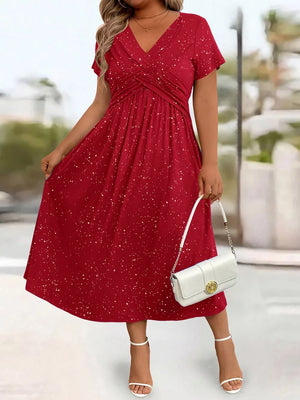 Full Size Glitter Flutter Sleeve Midi Dress Plus Size in Silver Gray, front view