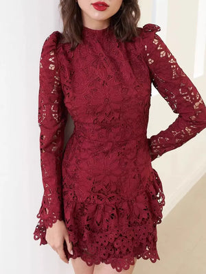 Burgundy floral lace mock neck mini dress with long sleeves and ruffled hem