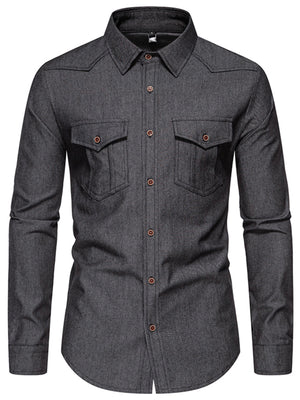 Men's dark gray cotton button-down shirt with two chest pockets.