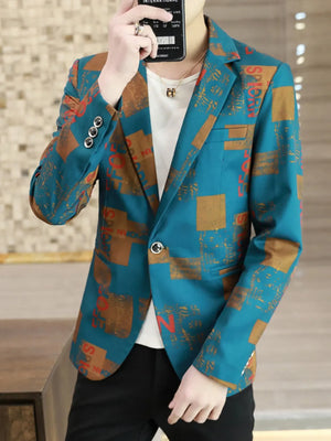 Men's slim fit blazer in turquoise with abstract print, buttoned front and cuffs.