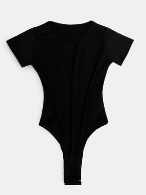 Black short sleeve scoop-neck bodysuit with a thong bottom.