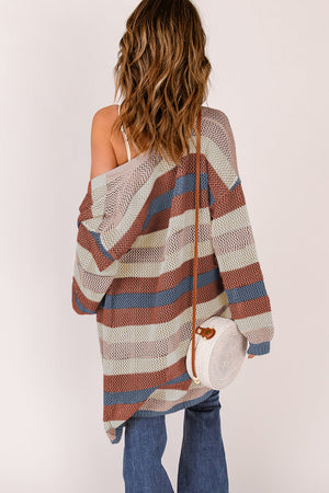 Multicolor open knit duster cardigan with horizontal stripes and a relaxed fit.