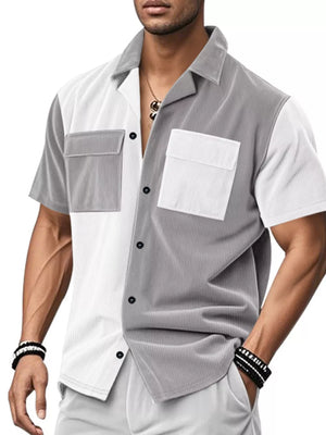 Two-tone textured short sleeve button-down shirt in white and light gray with two chest pockets.