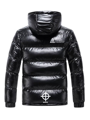 Black puffer jacket with hood and white graphic details on back.