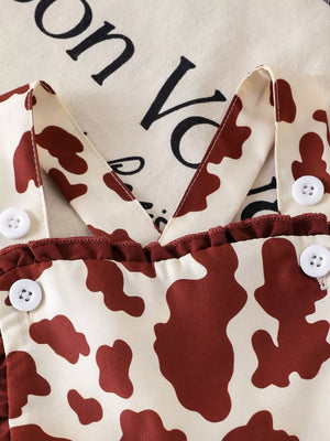 Children's Cow Print Ruffle Jumpsuit in Brown And White, fit detail