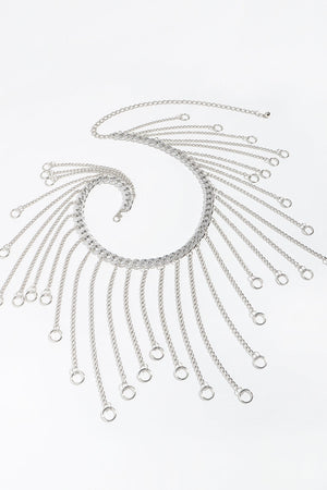 Silver chainmail belt with cascading chain fringe and ring details.