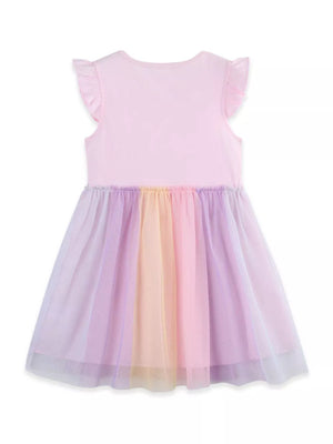 Pink baby dress with rainbow tulle skirt and flutter sleeves.
