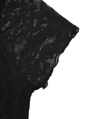 Black lace t-shirt with short sleeves and scalloped hem detail.