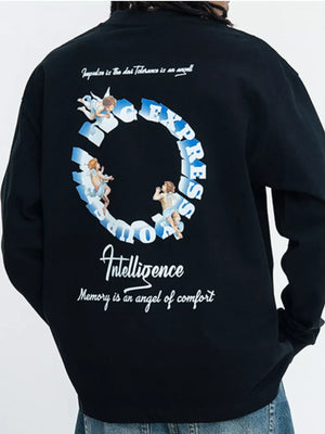 Crew-neck Graphic Long-sleeve Top in Royal Blue, close-up detail
