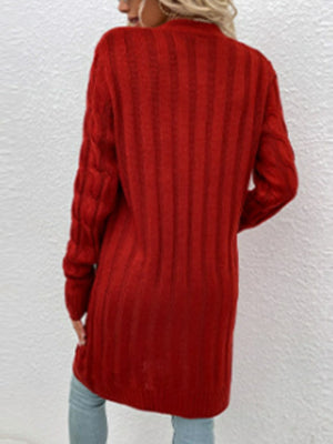 Deep Red cable knit button-down cardigan with ribbed texture and cable sleeves.