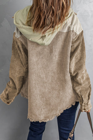 Colorblock corduroy hooded utility jacket in tan and sage with frayed hem.