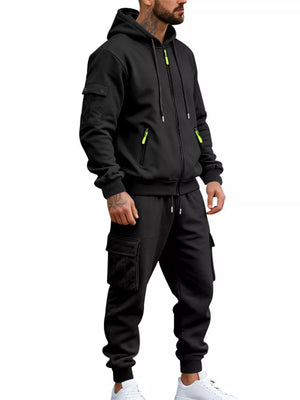 Men's Plus Size Casual Zip-up Hoodie And Cargo Pants Set in Dark Gray, alternate angle