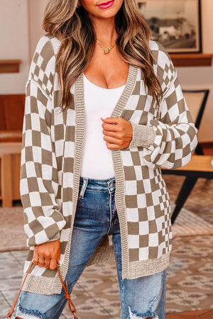 Checkerboard knit cardigan with ribbed details in brown and white acrylic, featuring a button-down front and casual fit.