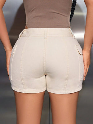 Utility denim shorts in Dust Storm with double button closure and cargo pockets.