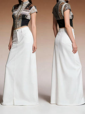 White denim maxi skirt with raw hem and button closure, shown front and back.