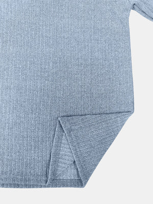 Light blue ribbed knit pullover sweater with side slit detail